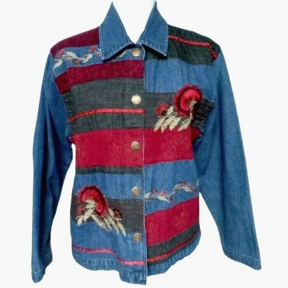 Vintage Patchwork Jean Jacket Blazer Embroidered … - image 6